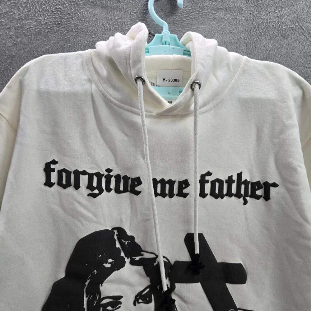 Subliminal Men Hoodie M White Graphic‎ Print Forgive Me Father Woman Portrait